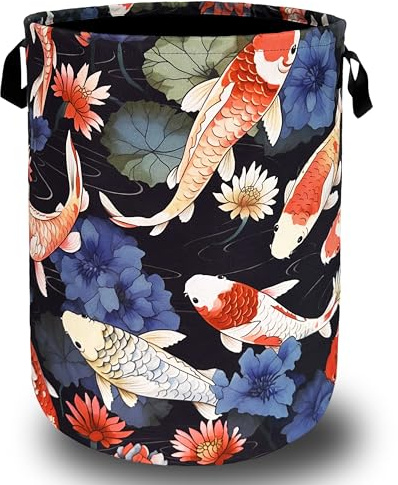 Koi Printed Laundry Hamper Pond Fish Laundry Basket With Handles Foldable Oxford Cloth Lotus Colorful Tote Bag lothes Toy Storage Bucket 18.9 x 16.5 Inch For Bathroom/Laundry/Bedroom