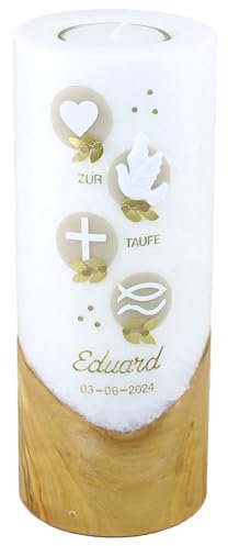 Cerziies® Taufkerze Eduard mit echtem Holz Junge oder Mädchen mit Name und Datum, individuell und handverziert 2523