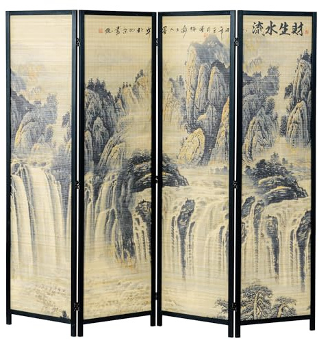 MyGift 4 Panel Folding Room Divider, 6FT Bamboo Privacy Screen with Black Wood Frame, Ancient Asian Mountain & Waterfall Landscape Print, and Brushed Prosperity Calligraphy Design 77''W x 70.9''H