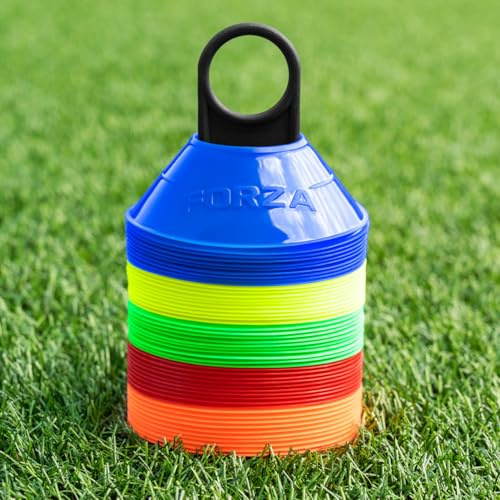 FORZA Mini Training Marker Cones | Durable Multi-Purpose Mini Space Cones Ideal for All Sports – Pack of 50 or 1000 in Multiple Color Options [Includes Carry Stand] (Pack of 50, Multi)
