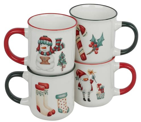 URBN-CHEF 200ml Assorted Christmas Ceramic Mugs for Adults & Kids, Festive Tea Coffee Cups with Santa Design, Holiday Party Tableware, Xmas Decorations, Microwave & Dishwasher Safe (Set of 4)