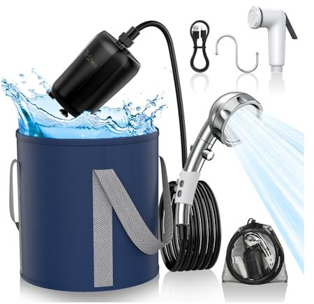 TRJZWA Tragbare Campingdusche fürs Camping, 9000mAh Wiederaufladbare Duschpumpe und Digitalanzeige,Verstellbarem Duschkopf und Faltbarem Eimer,Außendusche fürs Wandern,Autowaschen,Haustierbad,Garten