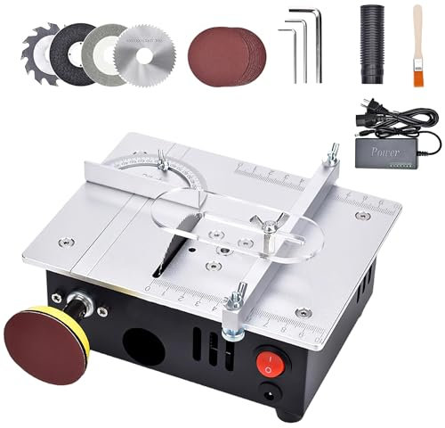 Mini sierra de mesa con disco de pulido y 4 cuchillas intercambiables, 7 velocidades ajustables, hoja de sierra portátil de 0,1-15 mm regulable en altura, con persiana de seguridad para trabajar la