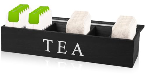 Teebeutel Organizer Mit 6 Fächern, 43 X 9 X 8,7cm Teeboxen Für Teebeutel, Teebeutel Aufbewahrungsbox Aus Massivholz Schwarz, Tee Aufbewahrung Für Teebeutel Kaffeeweißer Gewürzbeutel (Schwarz)
