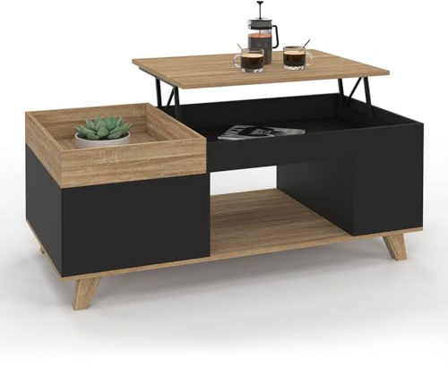 IDMarket – Mesa baja rectangular con bandeja elevable y bandeja extraíble con baúl Lola Madera y Negro