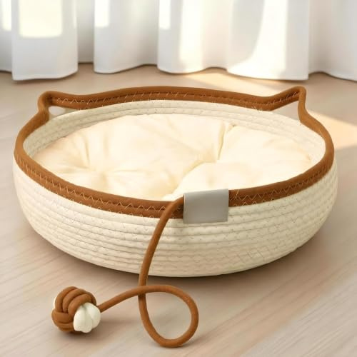 Rukuapid Cuty Cat Basket Bed Cotton Rope Washable Cat Bed with Cushion, Woven Cats Rest Sleeping Nest Scratch Mat Round Pet Beds for Kitten Dogs, Breathable Four Seasons Universal, 45 * 45 * 13CM