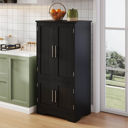 LAKFEW Alacena Aparador Cocina con Iluminación LED y Puerta de Almacenaje, Armario Despensa Cocina Mueble Auxiliar con Estantes Ajustables y Dispositivo Antivuelco, 60x40x120.5 cm, Negro