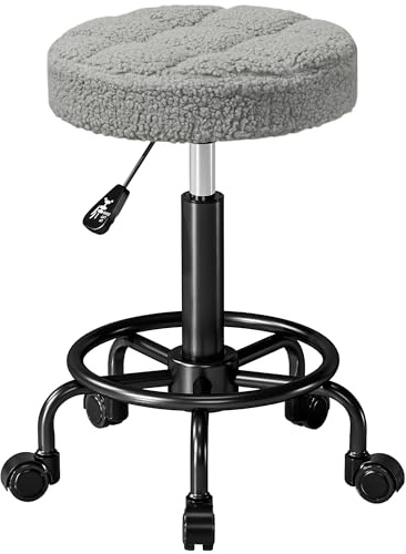 HOMCOM Taburete Giratorio Redondo Taburete con Ruedas Altura Regulable 50-66 cm Asiento Tapizado en Tejido de Borreguito para Salones Talleres SPA Masaje Gris