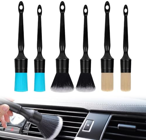 AuSletie Lot de 6 pinceaux de nettoyage de voiture avec brosse à poussière, brosse à jantes, pinceaux de nettoyage pour moteur, roues, jantes, kit de détail de voiture
