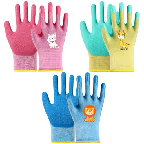 Luxorium 3 paia di guanti giardinaggio bambini, guanti bambino 5-9 anni, guanti protettivi con motivi di animali carini, antiscivolo e traspiranti per ragazzi e ragazze
