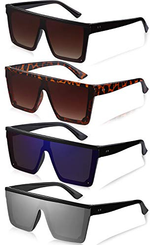 4 Paires Lunettes de Soleil Surdimensionnées à Dessus Plat Lunettes de Soleil Carrées Vintage (Bleu Glacier, Marron, Argent, Marron Dégradé)