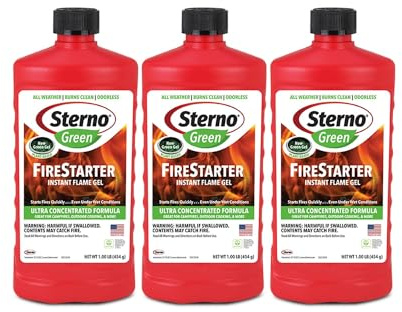 Sterno Charcoal Lighter Fluid, Fire Starter Gel for Pellet Stoves, BBQ Grilling, Campfire, Ethanol Clean Burning Instant Flame - Ultra-Concentrated, All-Weather for Indoor & Outdoor - 3-Pack, 16oz