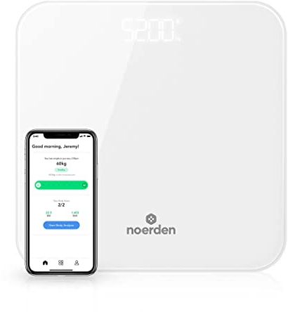 NOERDEN - Smart Body Scale BIMI - Digitale Personenwaage - Bluetooth, LED-Display - Smart Körperwaage - Gehärtetes Glas - Körperfettanalyse mit 3 Biometrischen Daten – Diagnosewaage mit App - Weiß