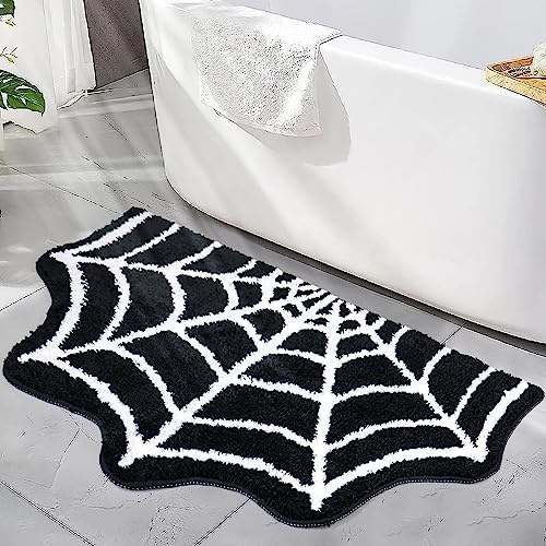 Meetory Spider Web Bath Mat, 31×20 Halloween Bath Mat Non-Slip Rugs Spiderweb Rug Machine Washable Goth Area Rugs Gothic Rug for Front Door, Bedroom, Living Home (Black)