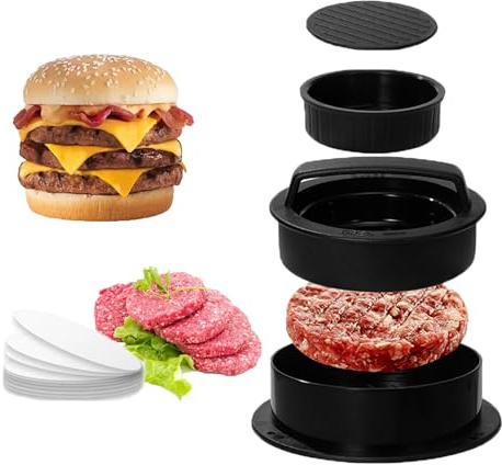 KWBLWF 3-in-1 Hamburger Patty Press Maker – Non-Stick Burger Tool with 100 Wax Papers, Easy Mold for Stuffed Cheeseburgers, Beef Sliders, and BBQ – Detachable & Reusable