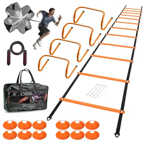 ENDIESS Agility Ladder Set 20ft, 4 Hurdles, 12 Soccer Cones, Jump Rope & Running Parachute - Speed Agility Training Equipment for Soccer Fitness Kids Youth Adults