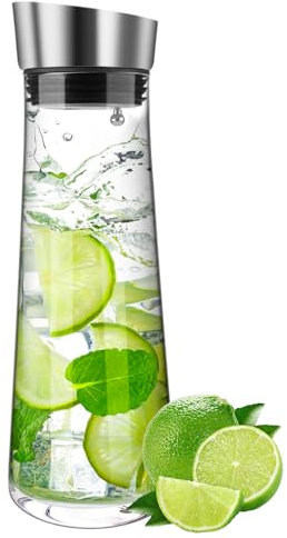 Atliberswo Jarra agua cristal de vidrio con tapa de silicona, 1 litro, adecuada para bebidas caseras como té helado, leche, café, vino, jugo, etc.