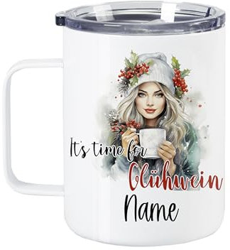 GRAZDesign Tazza termica con coperchio e nome, per vin brulé, motivo natalizio, in acciaio inox, 350 ml