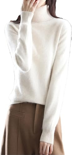 Maglioni da donna in cashmere a collo alto lavorati a maglia a maniche lunghe, maglioni casual, Beige, M