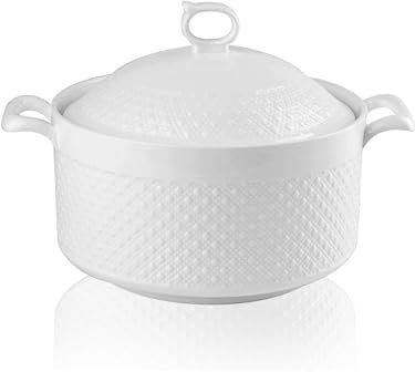 TAOCIGOU White Creamic Soup Tureen with Lid, 3.6 Liter oz Large Porcelain Soup Serving Bowl with Handles, Microwave & Dishwasher & Oven Safe