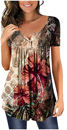 Chic Et Élégant Chemisier Femme Manches 3/4,T Shirt Imprimé Fleurs avec Plissé,Tee Shirt Col en V Blouse De Boheme Hauts avec Boutons,Décontractée Tunique Été Plage Travail Tunique Tops