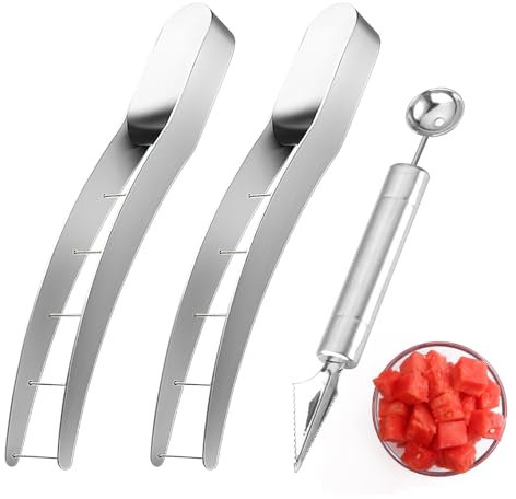 TNSLAND 2PCS Wassermelonen Würfelschneider aus 304 Edelstahl, Melonenschneider Set, Obstschneider mit Kugelausstecher – Küchenhelfer für Melone Kiwi Gurke Spülmaschinenfest & Rostfrei