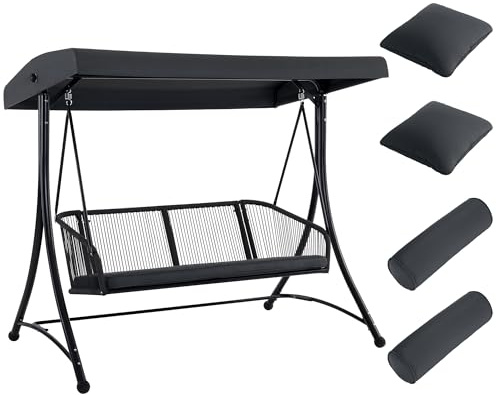 M MCombo Hollywoodschaukel 3-Sitzer, Gartenschaukel mit Verstellbarem Sonnendach, Schaukelbank Outdoor, Gartenliege Wetterfest, Sitzbezug Abwaschbar 8026DEY (Dunkgelgrau)