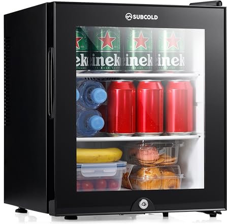 Subcold Aire30-G LED Mini Fridge | 30L Table Top Model | Quiet Frost Free Fridge for Bedrooms & Hotels | Lockable with Glass door & interior LED light (Black)