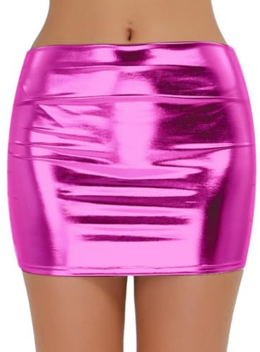 WFWFLIU Mini jupes en cuir, mini jupe métallique brillante liquide pour femme