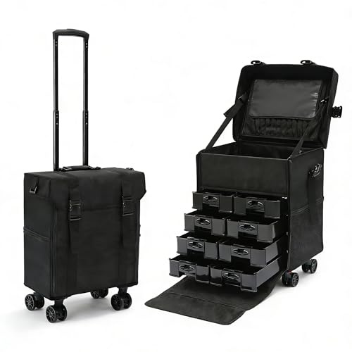 KiwiHood Valigetta trucco rotante 8 cassetti, organizzatore cosmetico professionale robusto trolley con ruote, Nero, moderno