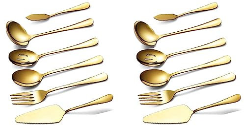 Iyalezirk Bestickserveringsbestick i 12 delar, serveringsbestick, inklusive tårtserver, slitsad serveringssked i guld