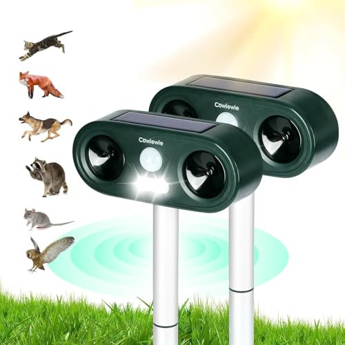 Répulsif pour chats à ultrasons et flash LED - 2 pièces, recharge solaire et USB, imperméable, répulsif pour chats d'extérieur, jardins et champs, facile à installer