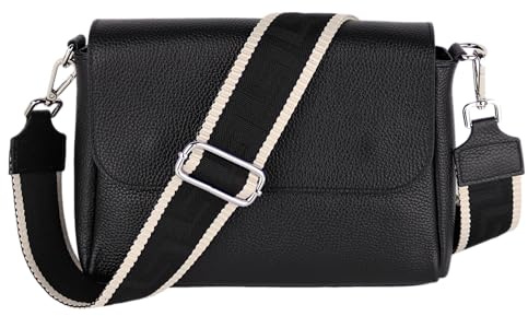 MIRROSI Umhängetasche Damen, Crossbody Bag, Echtleder Made in Italy (1 Tasche 2 Gurte oder Basic Version 1 Tasche 1 Gurt), 27x20x7cm (BXHXT) Mittelgroß (Upgrade Version (mit 2 Gurte): Schwarz Uni)