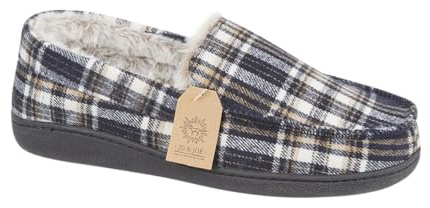 Jo & Joe Men's Moccasin Slippers, Herringbone Check Tweed, Fleece and Faux Fur Lined, Slip-On (Navy Plaid, UK Footwear Size System, Adult, Men, Numeric, Medium, 10)
