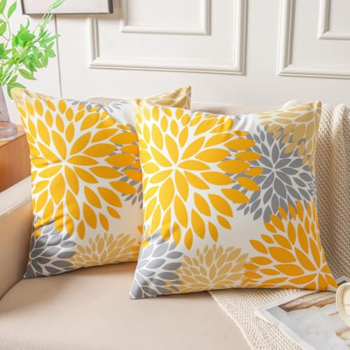 Miuyunya Set med 2 Dekorativa Kuddöverdrag för Soffa Gul Senap 40x40 Grå Dekorativa Fyrkantiga Moderna Kuddöverdrag med Daliablommor Dekorativa Kuddöverdrag för Vardagsrum, Säng, Stol