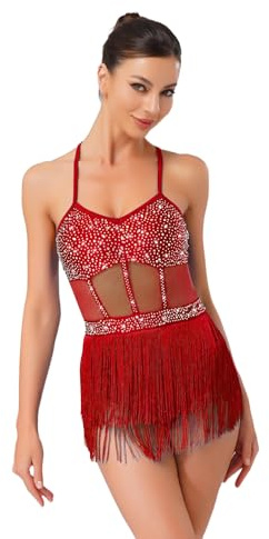 Aislor Justaucorps Gymanstique Femme Bretelle Robe Danse Latine Samba Salsa Tango Chacha Competition Spectacle Strass Franges Leotard Body Bourgogne M