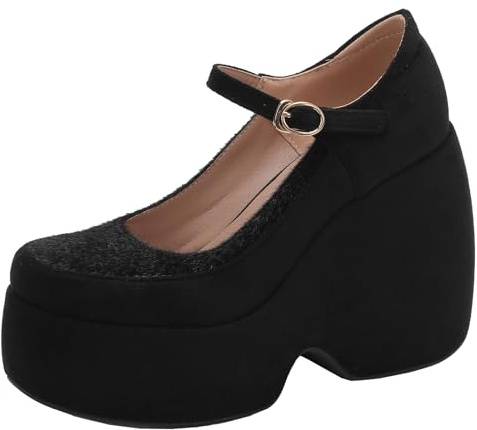 XIEPP Scarpe da donna spesse plateau Mary Jane con zeppa e fibbia, Nero , 33 EU