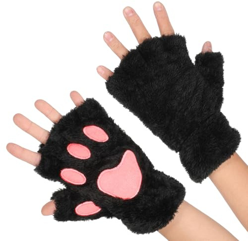 Xinjoduz 1 paio di guanti senza dita da donna, costume da gatto per bambini, simpatici zampe di gatto, guanti neri in peluche invernale per donne e ragazze invernali