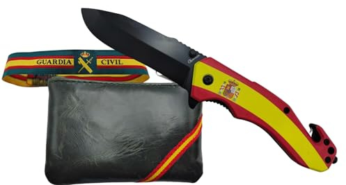 TORO SURVIVAL Pack España: Navaja de Acero, Plegable con Flipper, Liner Lock, Rompecristales y Corta Cinturón + Monedero piel + Pulsera Textil (España)