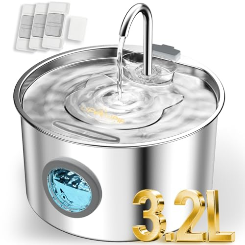 UPAWPIA 3,2L Fontanella per Gatti Acciaiocon con 3 Filtri Fontana Automatica per Gatti Cani da Interno Fontane Ultra Silenziose in Metallo per per Bere Acqua per Accessori per Animali Domestici