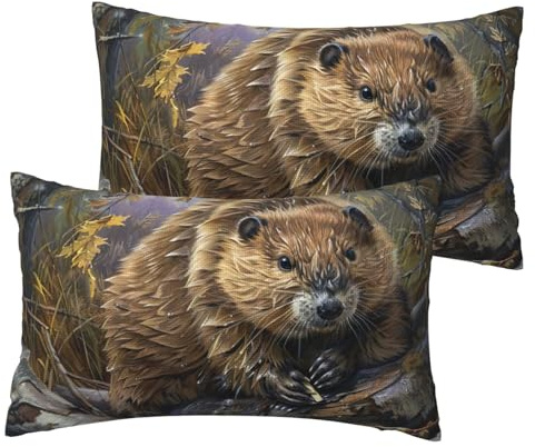 Beaver Working Printing Soft Imitation Linen Bed Pillow Cases Queen Size 12 ×20 Inch Set of 2 Standard Pillow Covers