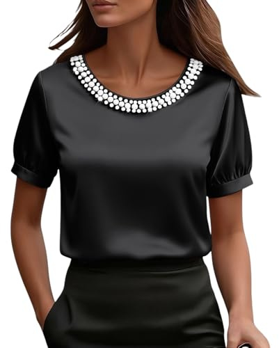 Camicia da donna in raso con colletto di perla, elegante, tinta unita, a maniche corte, alla moda, morbida, leggera, in raso, oversize, business, casual, da donna, Nero , M