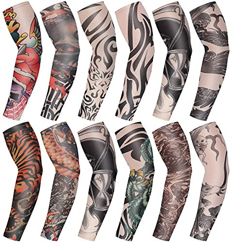 BBTO Set de Mangas de Tatuaje de 12 Piezas Mangas de Brazo de Protección Solar Falsas Guantes de Brazo de Flor de Elasticidad Suave para Ciclismo (Patrón de Líneas)