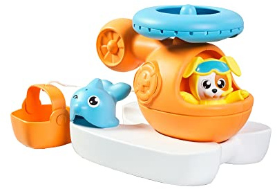 Toomies Tomy E73305C Jouet de Bain Hélicoptère de Secours Tourne dans l'eau - Jouet Flottant avec Pilote gicleur - Seau de Sauvetage et Dauphin avec Bec verseur - A partir de 1 an