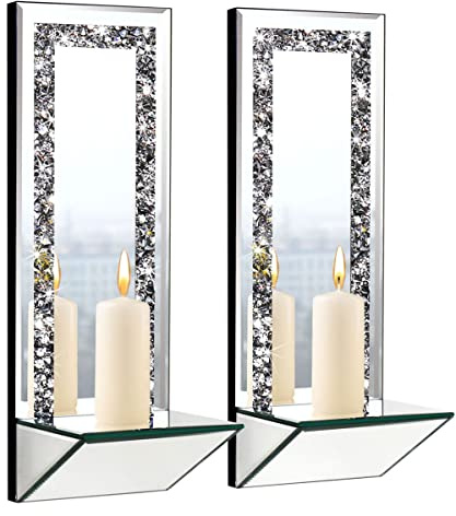 GIMORRTO Stylish Mirrored Candle Sconces 2 Set - Elegant Wall Candle Holders with Crushed Diamond 15x5.3 Inch for Pillar Candles (Mirror Gray)