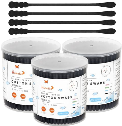 HOMEFOX Black Cotton Swabs Spiral - 600 Count Organic Cotton Buds Double Side Tightly Wrapped Charcoal Cotton Tips Paper Stick Soft Gentle Lint-Free Cruelty-Free Goth Bathroom, Round & Spiral (Black)