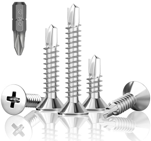 HXJDAM 200 piezas de tornillos autorroscantes autoperforantes, M4.2x19mm tornillos para chapa autorroscantes, tornillos autorroscantes de acero inoxidable, tornillos de cabeza avellanada con cruz