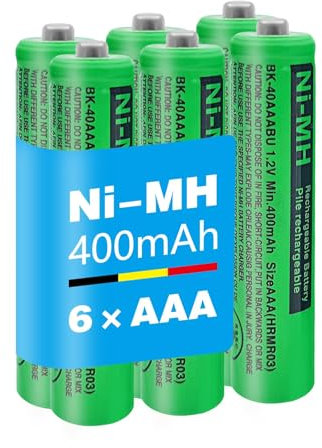 400 mAh NI-MH Batería AAA para Teléfonos Gigaset, Pilas Recargables AAA 400mAh 1,2 V Recargables para Panosonic Teléfonos Inalámbricos - 6 Unidades