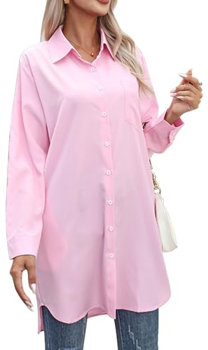 Runmeihe Chemisier Long Décontracté pour Femme avec Boutons, Blouse de Travail Femme, Chemise Surdimensionnés en Polyester à Manche Longue (FR/ES, Alpha/Lettres, L, Grande Taille, Taille Tall, Pink)