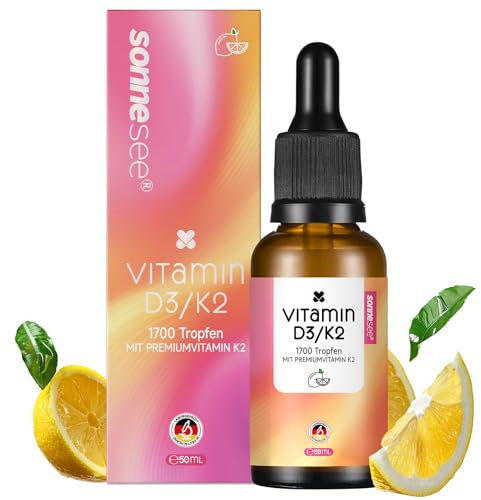 sonnesee Vitamin D3/K2 Tropfen Lemon Flavor 1700 Tropfen (50ml) Laborgeprüft & 99,7% All-Trans MK7 Hoch bioverfügbares D3 aus Flechten Vegan Laktosefrei
